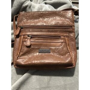 MultiSac Over Shoulder Cross body Brown Purse Adjustable Flower Details NWOT